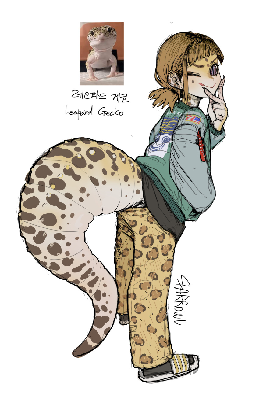 1girl :&gt; ;p absurdres animal_print artist_name bangs black_hair black_socks blonde_hair blunt_bangs body_markings closed_mouth colored_skin finger_to_own_chin fingernails full_body gecko hand_in_pocket hand_up highres leopard_gecko leopard_print lizard_tail long_sleeves looking_at_viewer looking_back low_ponytail monster_girl one_eye_closed original personification reptile_girl sandals sharp_fingernails short_hair simple_background sketch slit_pupils socks solo sparrowl standing sweatshirt tail tongue tongue_out violet_eyes white_background yellow_skin