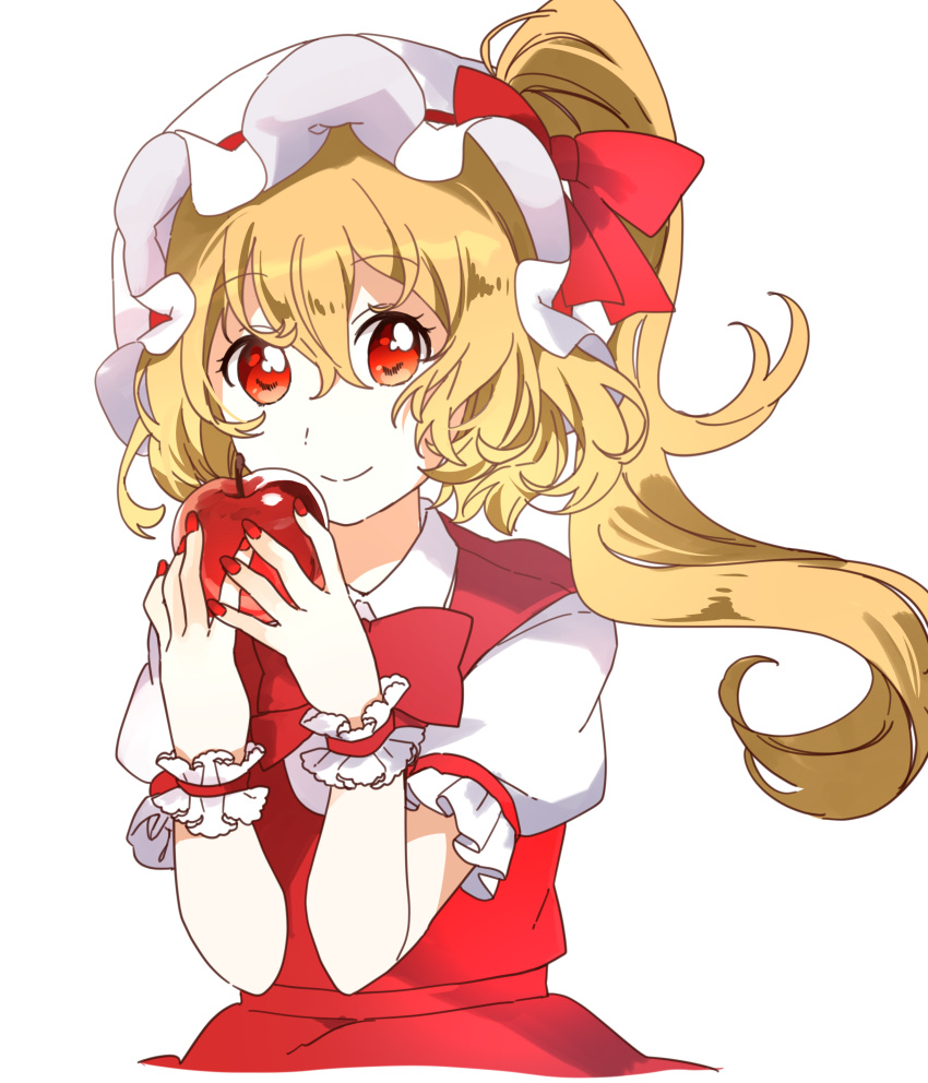 1girl absurdres apple bangs blonde_hair bow bowtie closed_mouth collared_shirt commentary_request dress fingernails flandre_scarlet food fruit hair_between_eyes hands_up hat hat_bow highres long_fingernails looking_at_viewer mob_cap nail_polish ponytail puffy_short_sleeves puffy_sleeves red_bow red_bowtie red_dress red_eyes red_nails sasaki_sakiko shirt short_hair short_sleeves side_ponytail simple_background smile solo standing touhou white_background white_headwear white_shirt wrist_cuffs