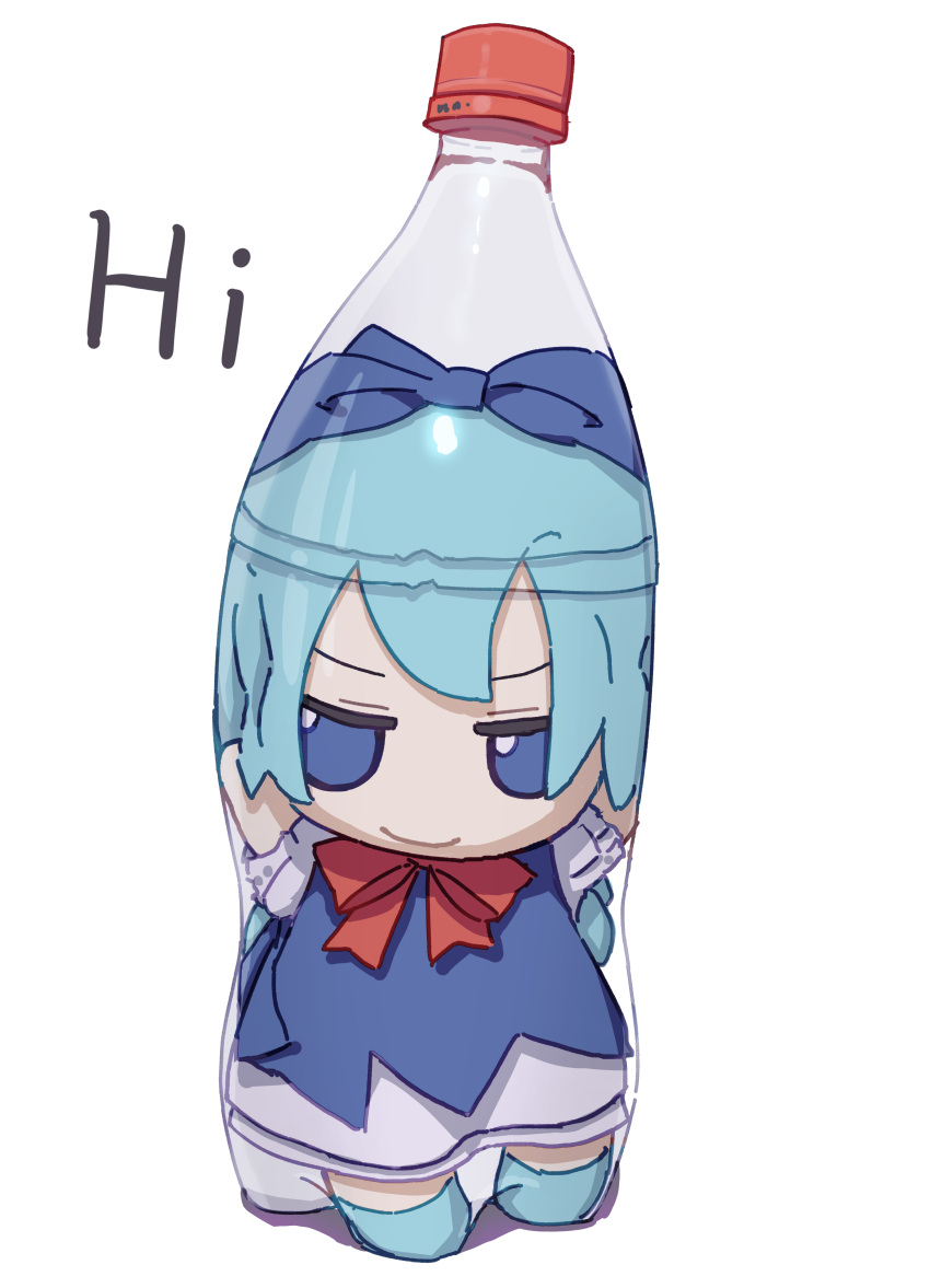 absurdres bangs blue_bow blue_dress blue_eyes blue_footwear blue_hair bottle bow cirno collared_shirt commentary_request doll dress fairy_wings fumo_(doll) hair_bow highres ice ice_wings in_bottle in_container kame_(kamepan44231) long_dress neck_ribbon pinafore_dress red_ribbon ribbon shirt short_hair smile touhou white_shirt wings