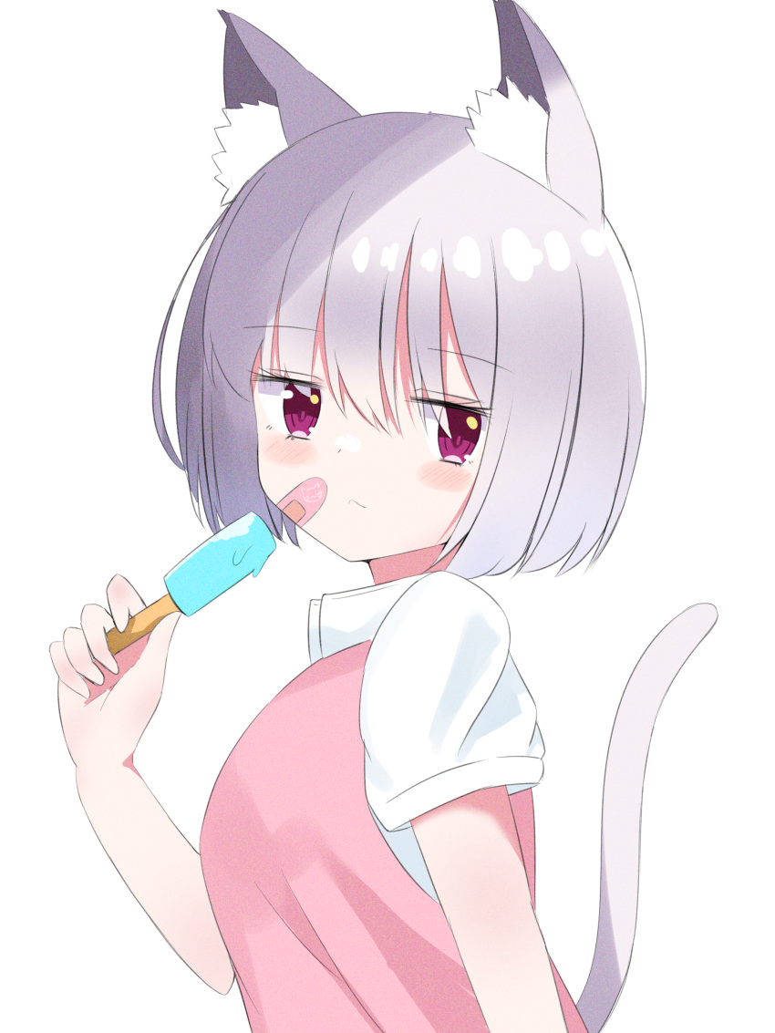 1girl absurdres animal_ear_fluff animal_ears ashitaba_kemo bandaid bandaid_on_cheek bandaid_on_face bangs blush_stickers cat_ears cat_girl cat_tail closed_mouth collared_shirt commentary_request dress food from_side grey_hair hair_between_eyes highres holding holding_food looking_at_viewer looking_to_the_side original pink_dress popsicle puffy_short_sleeves puffy_sleeves shirt short_sleeves simple_background sleeveless sleeveless_dress solo tail tail_raised upper_body violet_eyes white_background white_shirt