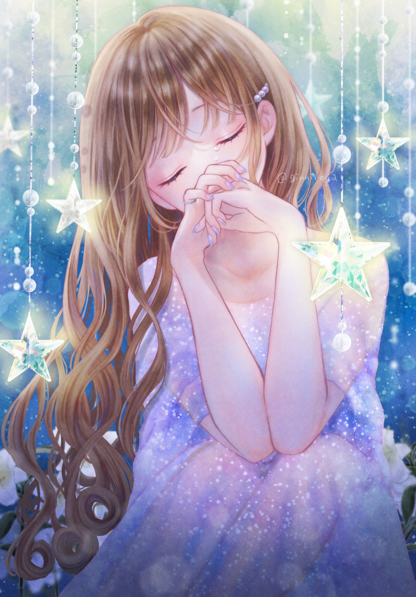 1girl aqua_background bangs blue_background blunt_bangs brown_hair closed_eyes collarbone covering_mouth crying crystal dress elbow_on_knee elbow_rest expressionless eyelashes feet_out_of_frame fingernails flower ginniroya glitter glowing gradient gradient_background grey_background hair_ornament hair_over_shoulder hairclip head_tilt highres jewelry legs_together lens_flare light_particles lily_(flower) long_dress long_hair original own_hands_together pearl_hair_ornament purple_dress purple_nails ring see-through see-through_dress short_sleeves simple_background solo star_(symbol) tears twitter_username very_long_hair wavy_hair white_flower wide_sleeves