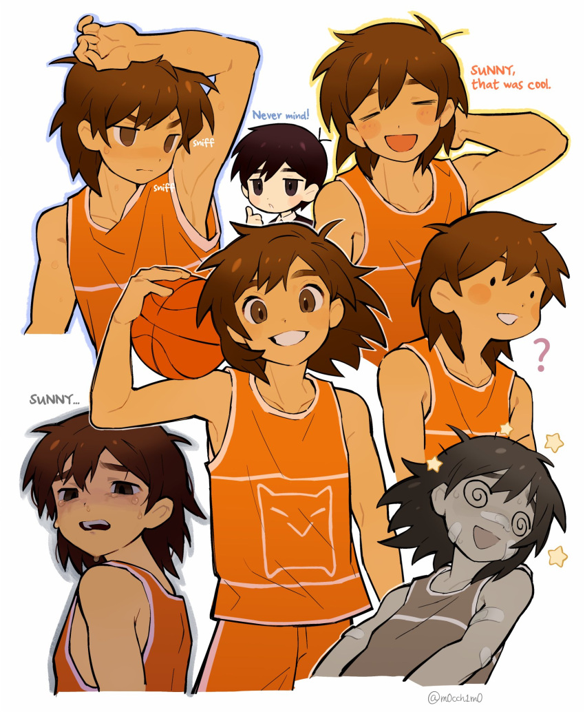 2boys @_@ ball bandaid basketball black_eyes black_hair blush brown_eyes brown_hair closed_eyes crying crying_with_eyes_open english_text grin highres holding holding_ball kel_(omori) looking_at_viewer moti_(m0cch1m0) multiple_boys multiple_views omori open_mouth parted_lips short_hair sleeveless smelling smile sunny_(omori) tears teeth
