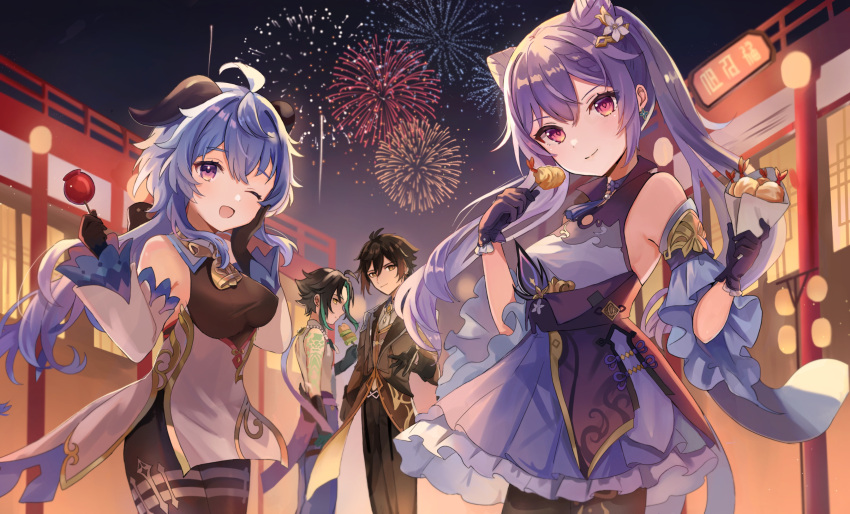 2boys 2girls absurdres ahoge arm_tattoo bangs bare_shoulders bell black_gloves black_hair blue_hair braid breasts brown_pantyhose candy_apple cone_hair_bun detached_sleeves double_bun dress feathers fireworks flower food formal ganyu_(genshin_impact) genshin_impact gloves gold_trim golden_shrimp_balls_(genshin_impact) grilled_tiger_fish_(genshin_impact) hair_bun hair_ornament hairpin hand_on_own_cheek hand_on_own_face highres holding holding_food horns keqing_(genshin_impact) long_hair looking_at_viewer medium_breasts multicolored_hair multiple_boys multiple_girls neck_bell night one_eye_closed outdoors pantyhose purple_dress purple_hair sidelocks smile tattoo thighlet tikoo_616 two-tone_hair violet_eyes white_flower white_sleeves xiao_(genshin_impact) zhongli_(genshin_impact)