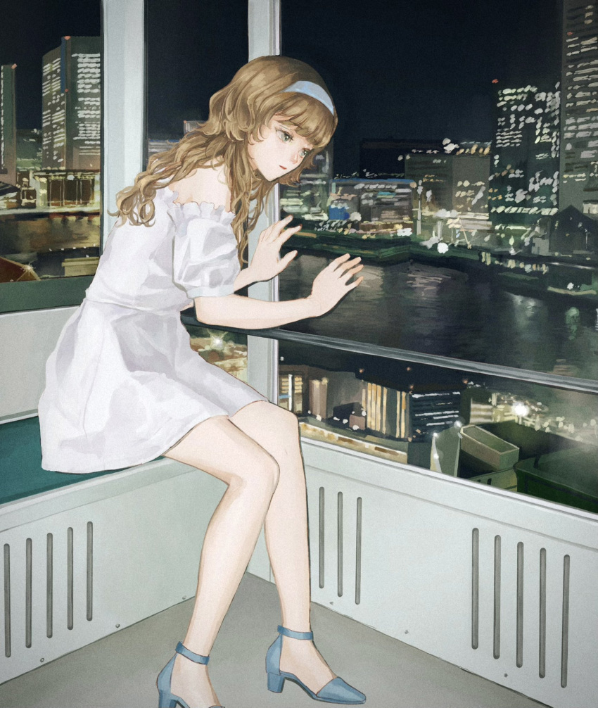 1girl blue_footwear brown_hair building city cityscape commentary_request dress grey_eyes hairband high_heels highres long_hair night off-shoulder_dress off_shoulder original reflection short_sleeves sitting solo utsuwa0120 water white_dress white_hairband
