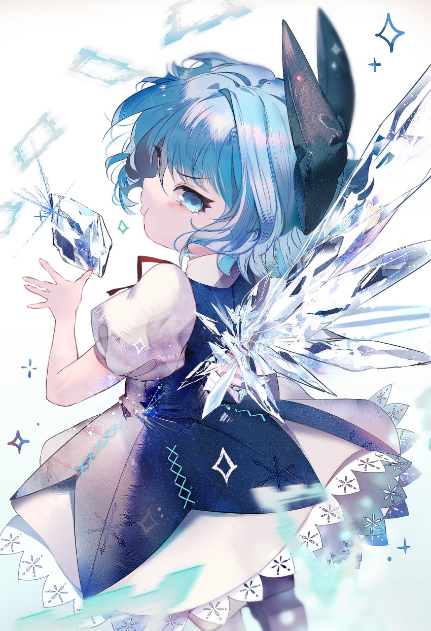 1girl bangs blue_bow blue_dress blue_eyes blue_hair blush bow cirno closed_mouth commentary_request dress eyelashes frown hair_bow highres ice ice_wings looking_at_viewer neck_ribbon pinafore_dress pout puffy_short_sleeves puffy_sleeves red_ribbon ribbon rooseputo_02 short_hair short_sleeves simple_background solo sparkle touhou white_background wings