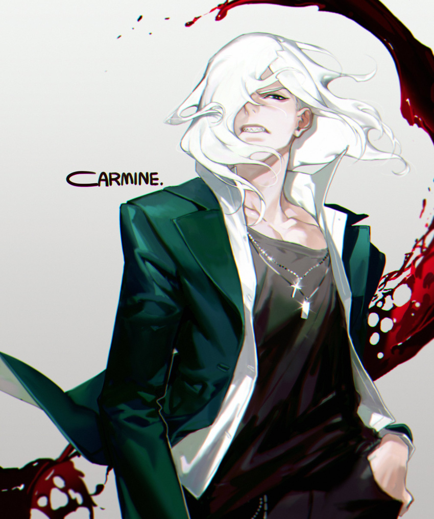 1boy blood carmine chain character_name chromatic_aberration clenched_teeth collarbone cross dog_tags film_grain glint gradient gradient_background green_eyes grey_background hair_over_one_eye hand_in_pocket hemokinesis highres jewelry long_hair looking_at_viewer male_focus necklace on_(onon2659) sharp_teeth solo teeth under_night_in-birth white_hair