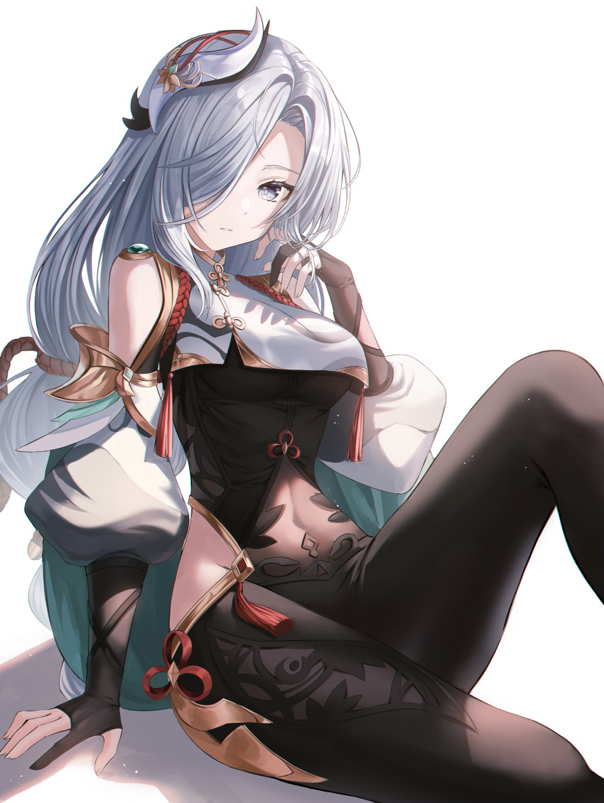 1girl absurdres arm_support armor bangs black_bodysuit black_gloves bodysuit braid braided_ponytail clothing_cutout covered_navel flower_knot genshin_impact gloves gold_trim grey_eyes hair_ornament hair_over_one_eye hand_up highres hip_vent knee_up kuro_(rudyan0128) long_hair looking_at_viewer parted_lips partially_fingerless_gloves pelvic_curtain puffy_sleeves rope shenhe_(genshin_impact) shimenawa shoulder_cutout sidelocks simple_background sitting solo swept_bangs tassel turtleneck white_background white_hair