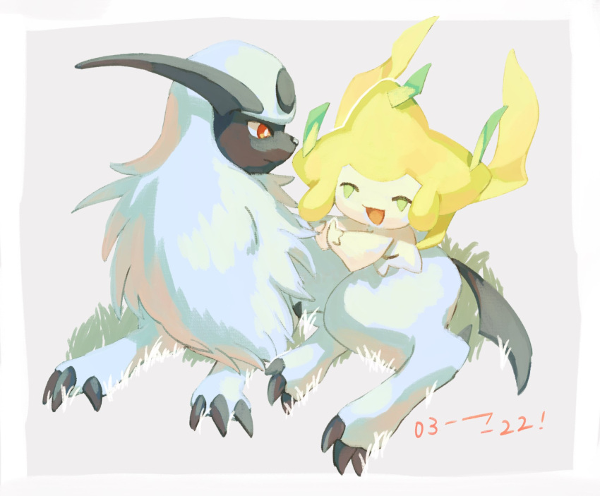 :d absol border bright_pupils claws closed_eyes closed_mouth commentary_request grey_background highres jirachi no_humans open_mouth pokemon pokemon_(creature) red_eyes smile torinoko_(miiko_draw) white_border white_pupils