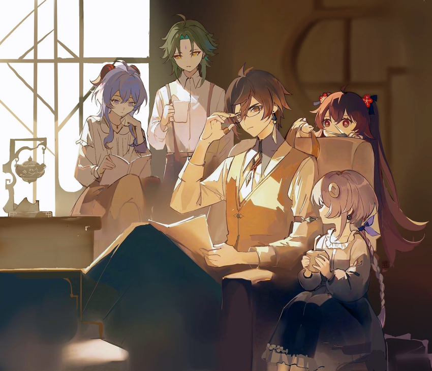 2boys 3girls adjusting_eyewear ahoge alternate_costume antenna_hair bangs blue_hair book braid braided_ponytail brown_hair brown_vest chair closed_mouth coin_hair_ornament collared_shirt colored_tips commentary cup curled_horns earrings facial_mark forehead_mark ganyu_(genshin_impact) gem genshin_impact glasses goat_horns gradient_hair hair_between_eyes hair_ornament hair_ribbon highres holding holding_book holding_cup holding_scissors horns hu_tao_(genshin_impact) indoors jewelry long_hair long_sleeves low_ponytail multicolored_hair multiple_boys multiple_girls necktie parted_bangs purple_hair purple_ribbon qingxin_gua_yu qiqi_(genshin_impact) reading red_horns ribbon scissors shirt short_hair_with_long_locks sidelocks single_earring sitting standing suspenders symbol-only_commentary table tassel tassel_earrings two_side_up vest white_necktie white_shirt wing_collar xiao_(genshin_impact) yellow_eyes zhongli_(genshin_impact)