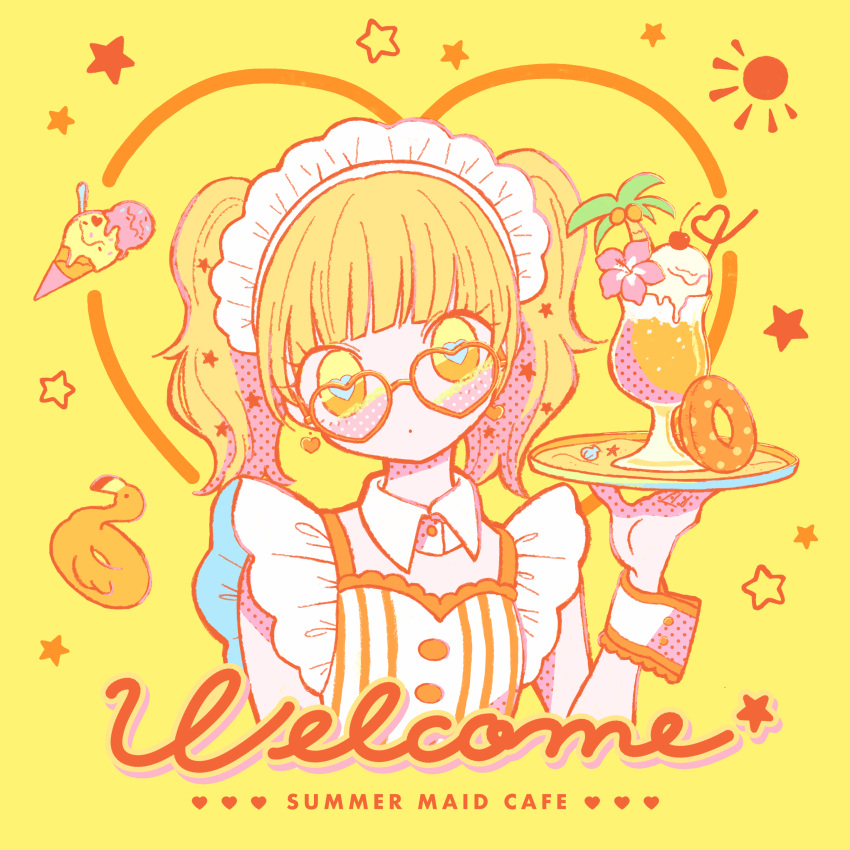 1girl 5ro5roart absurdres bangs bendy_straw blonde_hair blunt_bangs buttons collar commentary crazy_straw dot_mouth drink drinking_straw earrings english_text flower food frills head_tilt heart heart-shaped_eyewear heart-shaped_pupils heart_earrings heart_straw hibiscus highres holding holding_plate ice_cream ice_cream_cone ice_cream_float innertube jewelry maid maid_headdress medium_hair original palm_tree plate polka_dot sand seashell shell solo star_(symbol) sun_symbol symbol-shaped_pupils tree twintails upper_body wrist_cuffs yellow_background yellow_eyes yellow_theme