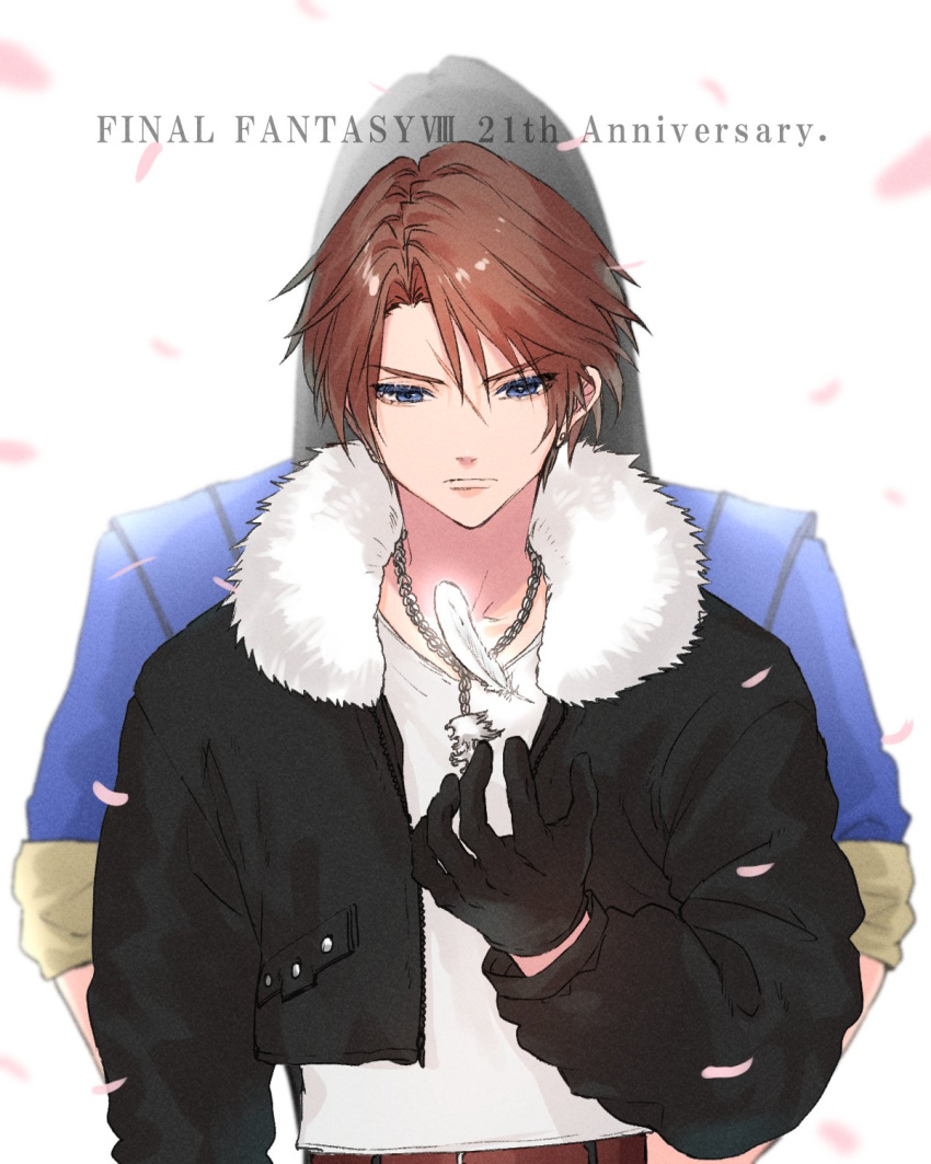 2boys ah_yoshimizu back-to-back bangs belt black_gloves black_hair black_jacket blue_eyes blue_jacket brown_hair chain_necklace cropped_jacket falling_feathers falling_petals father_and_son final_fantasy final_fantasy_viii fur_collar gloves highres jacket jewelry laguna_loire long_hair long_sleeves male_focus multiple_boys necklace parted_bangs petals scar scar_on_face shirt short_hair sleeves_rolled_up squall_leonhart upper_body white_background white_shirt