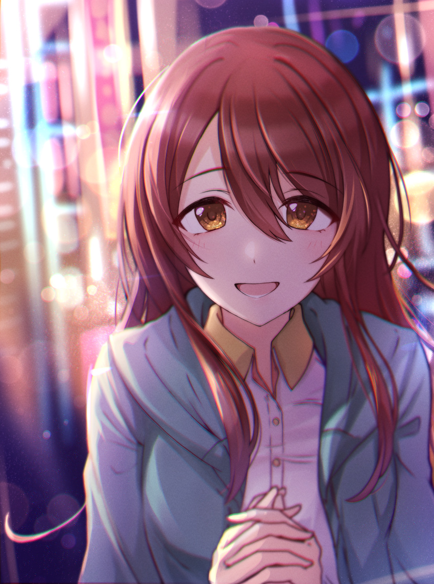 1girl :d absurdres bangs blue_jacket blurry blurry_background brown_eyes brown_hair collared_shirt dress_shirt hair_between_eyes highres holding_hands hood hood_down hooded_jacket idolmaster idolmaster_shiny_colors jacket kusaka_io long_hair looking_at_viewer open_clothes open_jacket open_mouth osaki_amana osaki_tenka pov shiny shiny_hair shirt smile straight_hair upper_body white_shirt wing_collar
