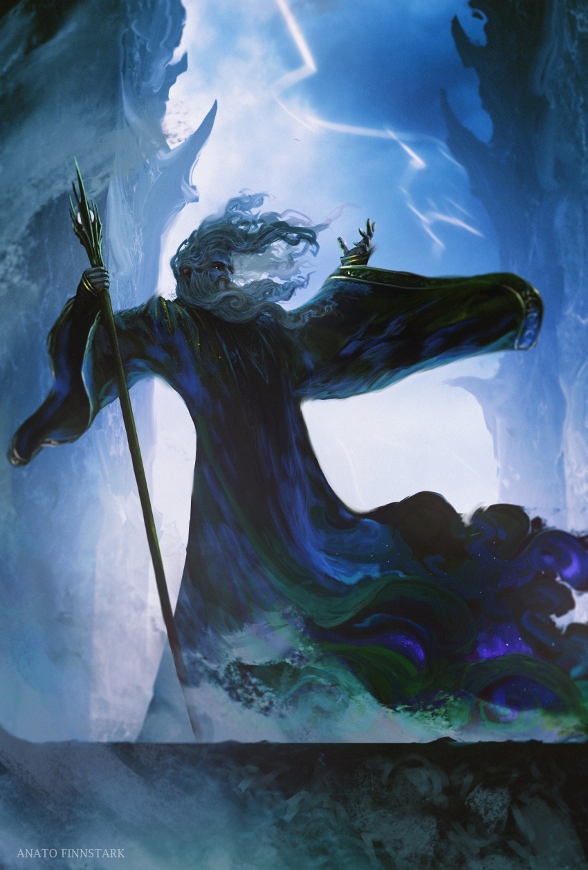 1boy absurdres anato_finnstark artist_name beard blue_robe facial_hair floating_hair hands_up highres holding holding_staff lightning long_beard long_hair long_sleeves male_focus old old_man outstretched_arms robe saruman solo spread_arms staff the_lord_of_the_rings tolkien's_legendarium
