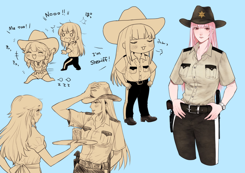 2girls alternate_costume cowboy_hat earrings feather_earrings feathers gradient_hair hat highres hololive hololive_english jewelry looking_at_another miyamoto_(dominocube6) mori_calliope multicolored_hair multiple_girls orange_hair pink_hair police police_badge police_uniform policeman policewoman sheriff sheriff_badge takanashi_kiara uniform virtual_youtuber waitress watch watch yuri