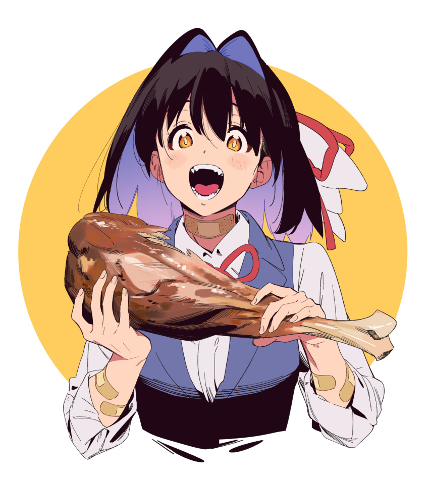 1girl bandaid bandaid_on_arm bandaid_on_neck black_hair black_vest brown_eyes character_request copyright_request food highres kamo_kamen meat open_mouth shirt solo upper_body vest white_shirt