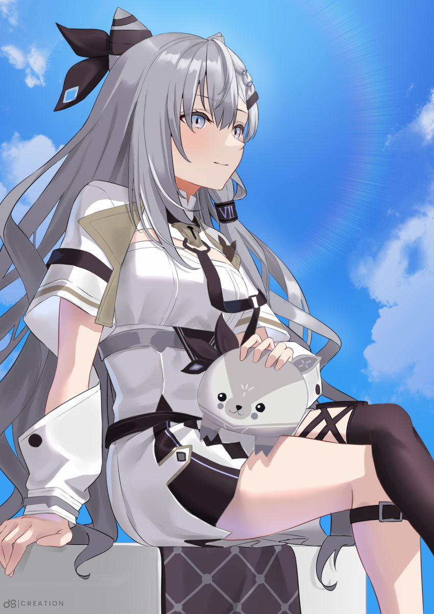 1girl absurdres animal_on_lap artist_name bazo_(vestia_zeta) blue_eyes cone_hair_bun crossed_legs dress dscreation_(alan_dwi29) grey_hair hair_bun highres hololive hololive_indonesia long_hair on_lap single_thighhigh sitting smile thigh-highs vestia_zeta virtual_youtuber white_dress