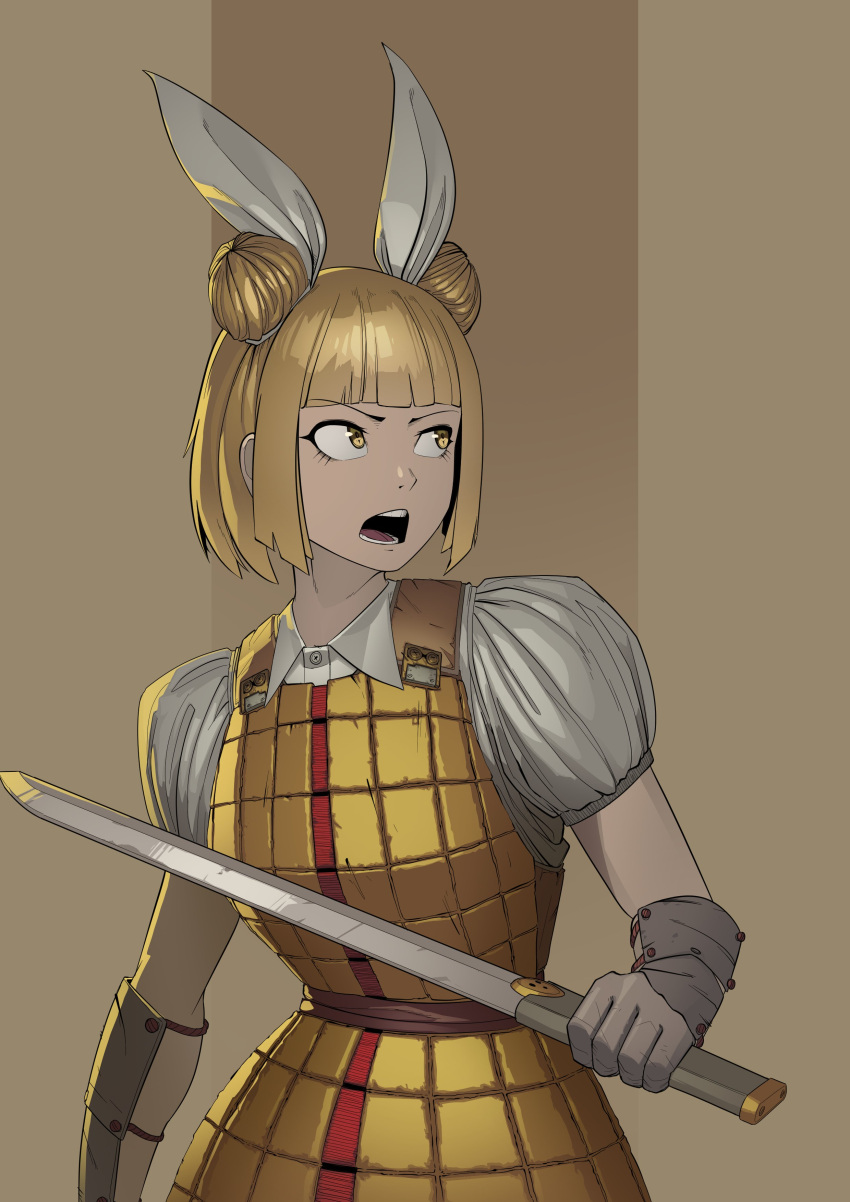 1girl absurdres armor bangs belt blonde_hair bloomers buttons collared_shirt double_bun gradient gradient_background hair_bun hair_ribbon highres holding holding_sword holding_weapon japanese_armor joutouguu_mayumi looking_away looking_to_the_side multicolored_background open_mouth puffy_short_sleeves puffy_sleeves ribbon shirt short_sleeves solo sweat sword the_robot_boy touhou undershirt underwear vambraces weapon white_ribbon yellow_eyes