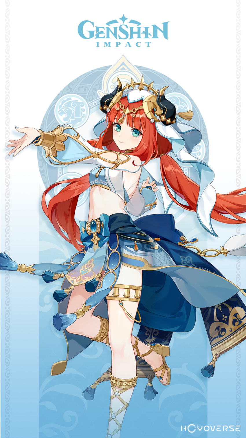 1girl bangs bare_shoulders blue_eyes blush breasts crop_top detached_sleeves forehead_jewel genshin_impact harem_outfit highres horns jewelry long_hair long_sleeves looking_at_viewer medium_breasts midriff navel nilou_(genshin_impact) official_art redhead skirt smile solo stomach veil very_long_hair