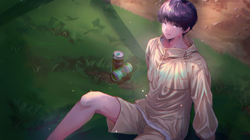 1boy absurdres can ciawasemono copyright_request grass highres male_focus outdoors parted_lips shorts sitting soda_can solo violet_eyes