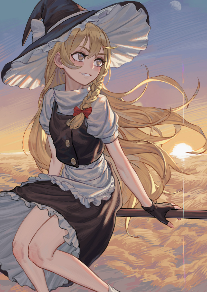 1girl above_clouds absurdres apron arm_support black_gloves black_headwear black_skirt black_vest blonde_hair blush bow braid broom broom_riding buttons clouds commentary feet_out_of_frame fingerless_gloves fingernails floating_hair frilled_skirt frills gloves grin hair_between_eyes hair_bow hat hat_bow highres kirisame_marisa knees_together_feet_apart long_hair looking_afar max-k moon parted_lips puffy_short_sleeves puffy_sleeves red_bow shirt short_sleeves single_braid skirt skirt_set sky smile solo sun sunlight sunrise teeth touhou very_long_hair vest waist_apron white_apron white_bow white_shirt witch_hat yellow_eyes