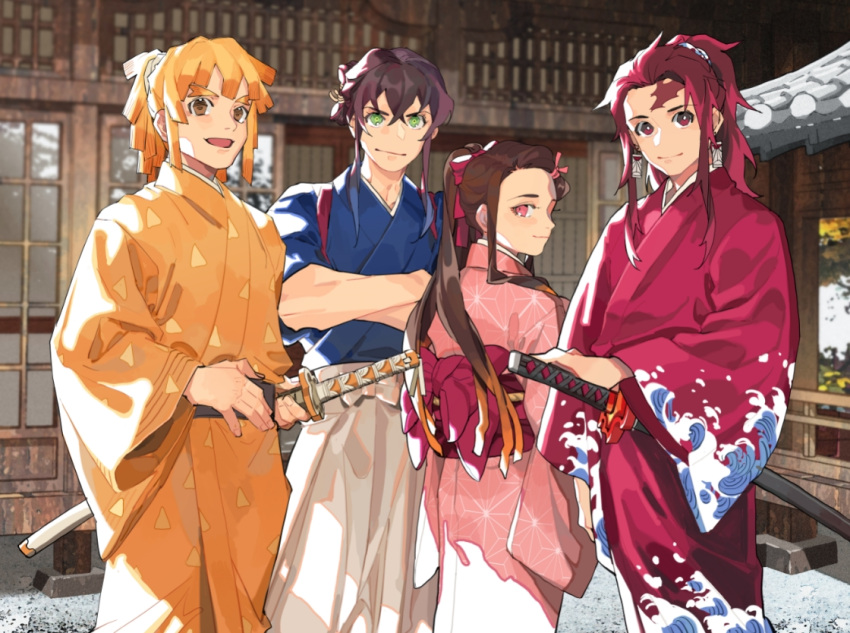 1girl 3boys agatsuma_zenitsu architecture back_bow bangs black_hair blonde_hair blue_shirt bow brown_eyes brown_hair burn_scar cowboy_shot crossed_arms crossed_bangs d-wuti earrings east_asian_architecture gradient_hair green_eyes hair_between_eyes hair_ribbon hakama hashibira_inosuke holding holding_sword holding_weapon japanese_clothes jewelry kamado_nezuko kamado_tanjirou katana kimetsu_no_yaiba kimono long_hair looking_at_viewer looking_back multicolored_hair multiple_boys obi open_mouth orange_hair parted_bangs patterned_clothing pink_eyes pink_kimono pink_ribbon ponytail red_eyes red_kimono redhead ribbon sash scar scar_on_face scar_on_forehead shirt short_hair_with_long_locks smile sword triangle_print wave_print weapon white_hakama wide_sleeves yellow_kimono