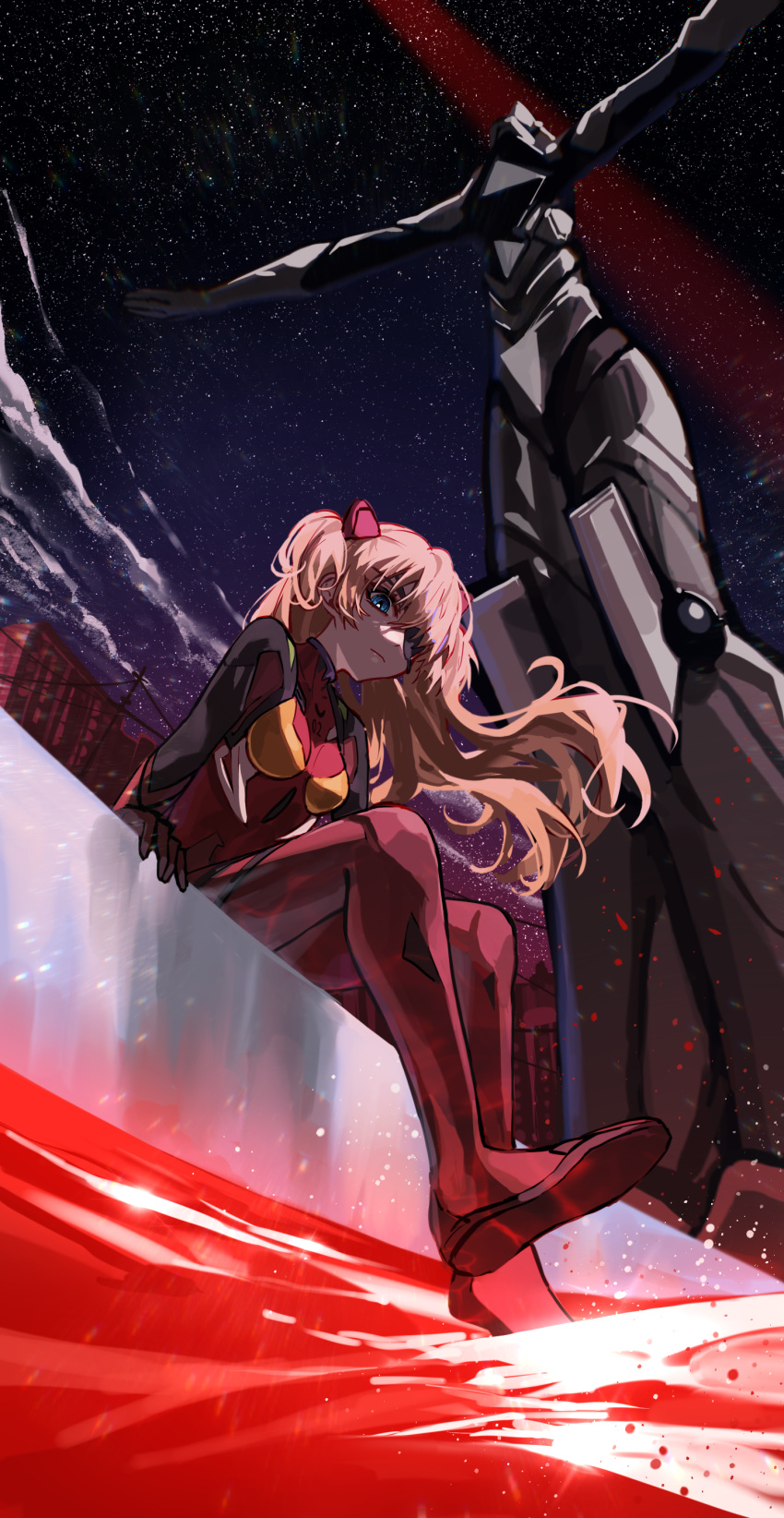 1girl absurdres blue_eyes bodysuit brown_hair closed_mouth clouds crucifixion evangelion:_3.0+1.0_thrice_upon_a_time eyelashes eyepatch highres kika long_eyelashes long_hair looking_at_viewer neon_genesis_evangelion ocean plugsuit rebuild_of_evangelion red_bodysuit red_ocean short_twintails sitting size_difference sky solo souryuu_asuka_langley splashing star_(sky) starry_sky twintails utility_pole water