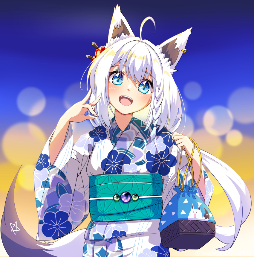 1girl absurdres ahoge animal_ear_fluff animal_ears bag bangs blurry blurry_background blush braid commentary_request earrings fox_ears fox_girl fox_shadow_puppet fox_tail fubuzilla_(shirakami_fubuki) green_eyes hair_between_eyes hair_ornament highres holding holding_bag hololive japanese_clothes jewelry kimono long_hair looking_at_viewer murasame_(sword_of_nmkr) obi open_mouth pentagram pouch sash shirakami_fubuki sidelocks simple_background single_braid solo tail virtual_youtuber white_hair white_kimono