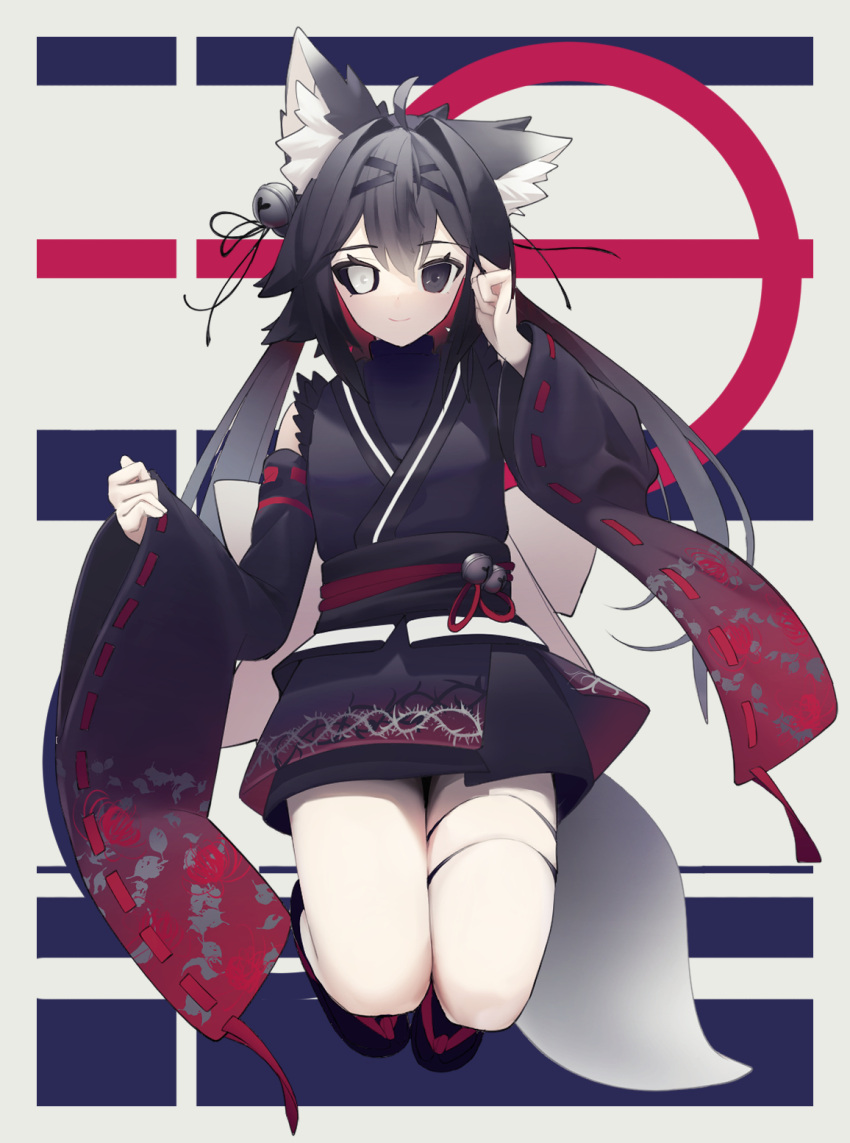 1girl ahoge animal_ear_fluff animal_ears bare_shoulders bell black_eyes black_sclera closed_mouth colored_sclera commission detached_sleeves floral_print flower fox_ears fox_girl fox_tail fur_trim gradient gradient_clothes gradient_hair grey_hair hair_bell hair_ornament heterochromia highres long_hair multicolored_hair original redhead single_bare_shoulder skeb_commission smile solo spider_lily tail thigh_strap thorn_print tissuebox_(artist) turtleneck twintails two-tone_hair white_eyes wide_sleeves