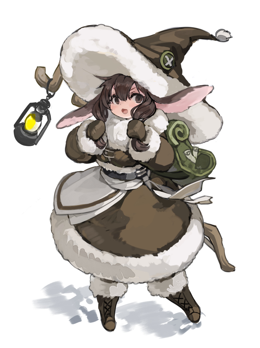 1girl absurdres animal_ear_fluff animal_ears backpack bag belt boots brown_dress brown_footwear brown_gloves brown_hair brown_headwear commission dress fantasy fluffy fur-trimmed_boots fur-trimmed_dress fur-trimmed_sleeves fur_hat fur_trim gloves green_bag hair_between_eyes hat highres holding kkaebing lantern large_hat long_hair lying on_back open_mouth original paper pixiv_request rabbit_ears simple_background smile solo staff tongue white_background winter_clothes winter_gloves
