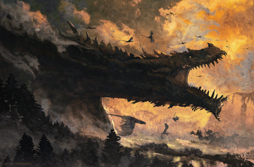 anato_finnstark ancalagon artist_name dragon english_commentary forest giant giant_monster highres motion_blur nature no_humans the_silmarillion tolkien's_legendarium tree yellow_sky