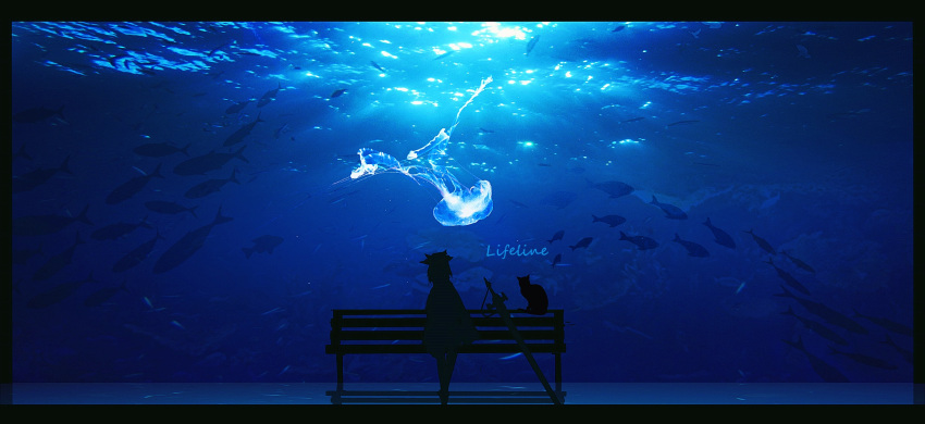 1girl arknights artist_name bench cat fish hat highres jellyfish letterboxed lifeline_(a384079959) scenery silhouette sitting skadi_(arknights) solo sword water weapon wide_shot
