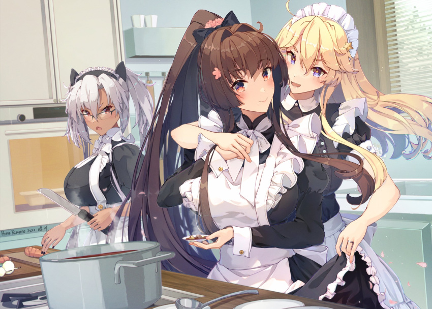 3girls alternate_costume apron black_dress blonde_hair blue_eyes breasts brown_eyes brown_hair carrot cherry_blossoms cooking dark_skin dress enmaided flower food frilled_apron frilled_dress frills glasses grey-framed_eyewear hair_between_eyes hair_flower hair_ornament hair_ribbon headgear highres himeyamato indoors iowa_(kancolle) kantai_collection kitchen knife ladle large_breasts light_brown_hair long_hair long_sleeves maid maid_apron maid_headdress multiple_girls musashi_(kancolle) onion pointy_hair ponytail puffy_short_sleeves puffy_sleeves rectangular_eyewear red_eyes ribbon semi-rimless_eyewear short_hair_with_long_locks short_sleeves soup star-shaped_pupils star_(symbol) stove symbol-shaped_pupils tasting tray twintails two_side_up waist_apron white_apron wrist_cuffs yamato_(kancolle)