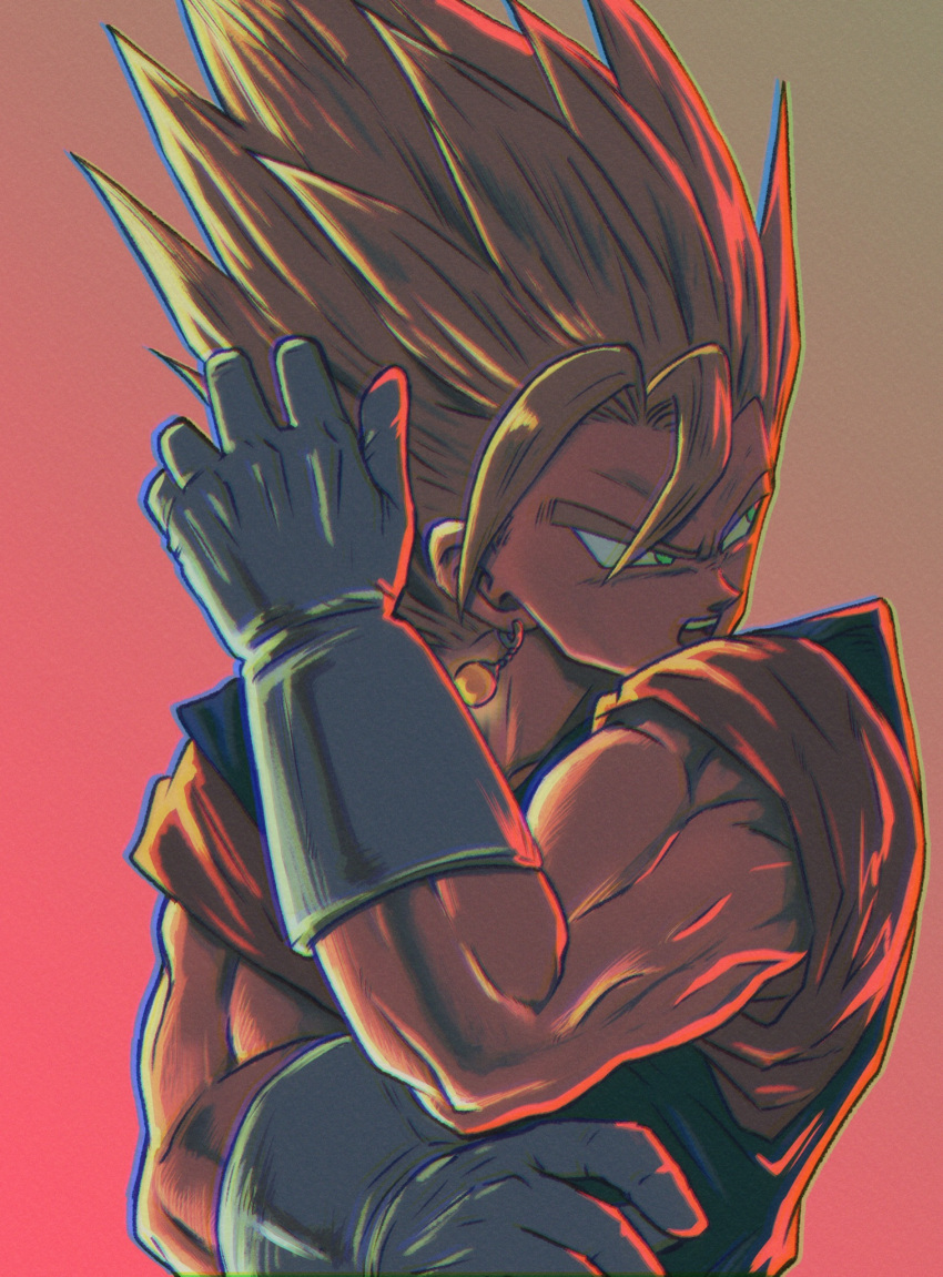 1boy alto_(natsusansai) commentary_request dougi dragon_ball dragon_ball_z earrings fusion gloves gradient gradient_background highres jewelry looking_away male_focus muscular muscular_male open_mouth potara_earrings solo spiky_hair super_saiyan super_saiyan_1 teeth upper_teeth vegetto white_gloves