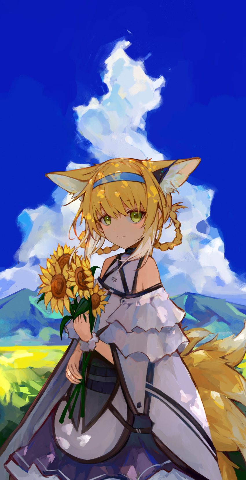 1girl absurdres animal_ears arknights blonde_hair blue_hairband blue_sky bouquet braid clothing_cutout clouds cloudy_sky cowboy_shot day dress earpiece extra_ears flower fox_ears fox_girl fox_tail green_eyes hairband highres holding holding_bouquet kitsune lch long_hair looking_at_viewer md5_mismatch mountainous_horizon multiple_tails outdoors purple_dress resolution_mismatch shoulder_cutout single_wrist_cuff sky smile solo source_larger sunflower suzuran_(arknights) tail two-tone_dress white_dress white_wrist_cuffs wrist_cuffs yellow_flower