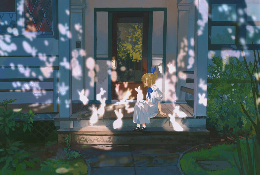 1girl animal_on_lap bangs black_footwear blonde_hair blue_eyes blue_ribbon child dappled_sunlight day door dress female_child frilled_dress frills from_side grass hair_ribbon high_ponytail highres house leaf mary_janes neck_ribbon on_lap original outdoors plant porch profile puffy_short_sleeves puffy_sleeves rabbit ribbon scenery shoes short_hair short_ponytail short_sleeves sitting socks solo sunlight white_dress white_socks wide_shot window ye_(ran_chiiipye)