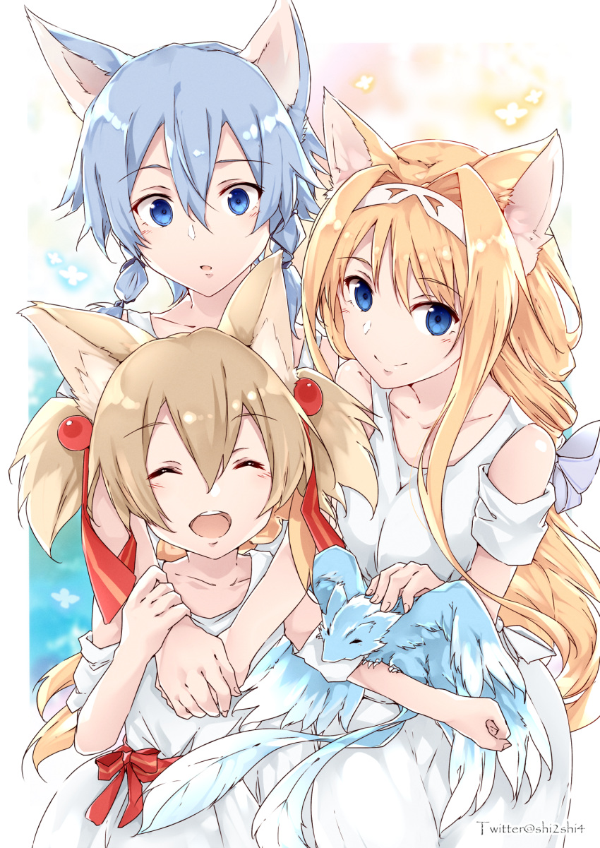 3girls :d ^_^ alice_zuberg animal_ears blonde_hair blue_hair cat_ears closed_eyes closed_mouth clothing_cutout collarbone dress facing_viewer hair_intakes hair_ornament hair_ribbon hairband highres hug hug_from_behind light_brown_hair multiple_girls pina_(sao) red_ribbon ribbon shi-2 shiny shiny_hair shoulder_cutout sidelocks silica_(sao-alo) sinon_(sao-alo) smile striped striped_ribbon sundress sword_art_online twintails twitter_username white_dress white_hairband