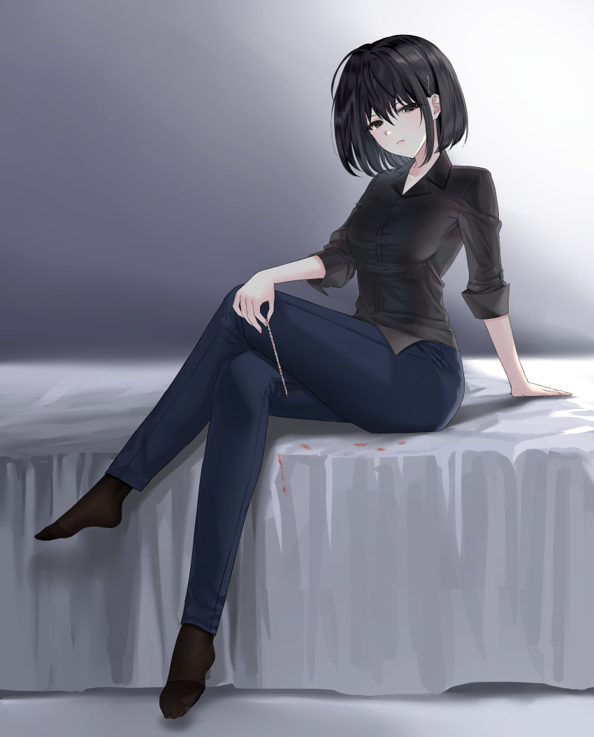 1girl absurdres ahoge bangs bed bed_sheet black_eyes black_hair black_shirt blood blood_stain blue_pants blurry blurry_background bob_cut breasts closed_mouth clothes collared_shirt commission crossed_legs dress_shirt feet frown full_body hair_ornament hair_strand hairclip hands_on_bed highres holding long_sleeves looking_at_viewer medium_breasts ming_(user_arcn7324) monochrome_background no_shoes on_bed original pants seamed_legwear shadow shirt short_hair side-seamed_legwear sitting sitting_on_bed sleeves_rolled_up solo wrinkled_fabric