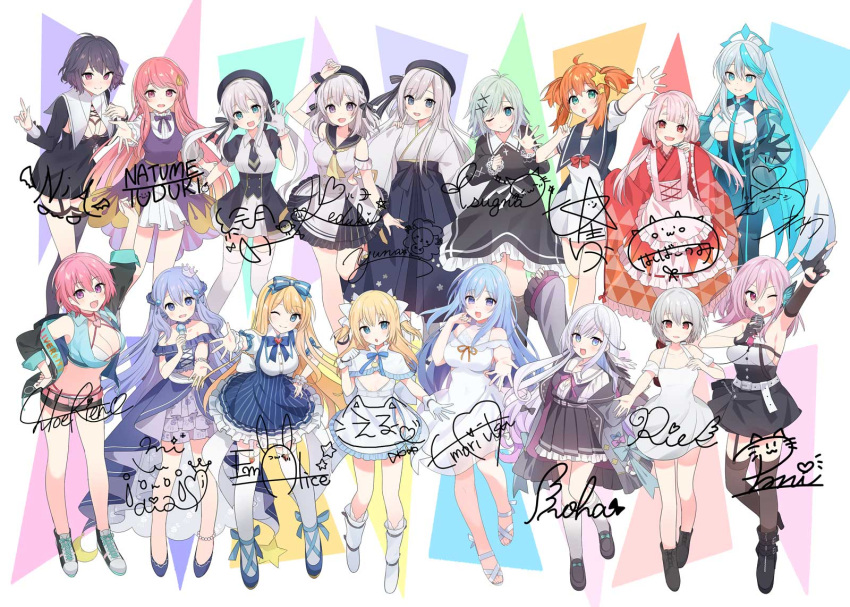 6+girls artist_request blue_background character_name character_request emori_miku emori_miku_project emu_alice full_body green_background highres kirano_sion kokomo_aoi liver_city long_hair looking_at_viewer multicolored_background multiple_girls nekozuki_mio official_art orange_background pink_background purple_background short_hair white_background yellow_background