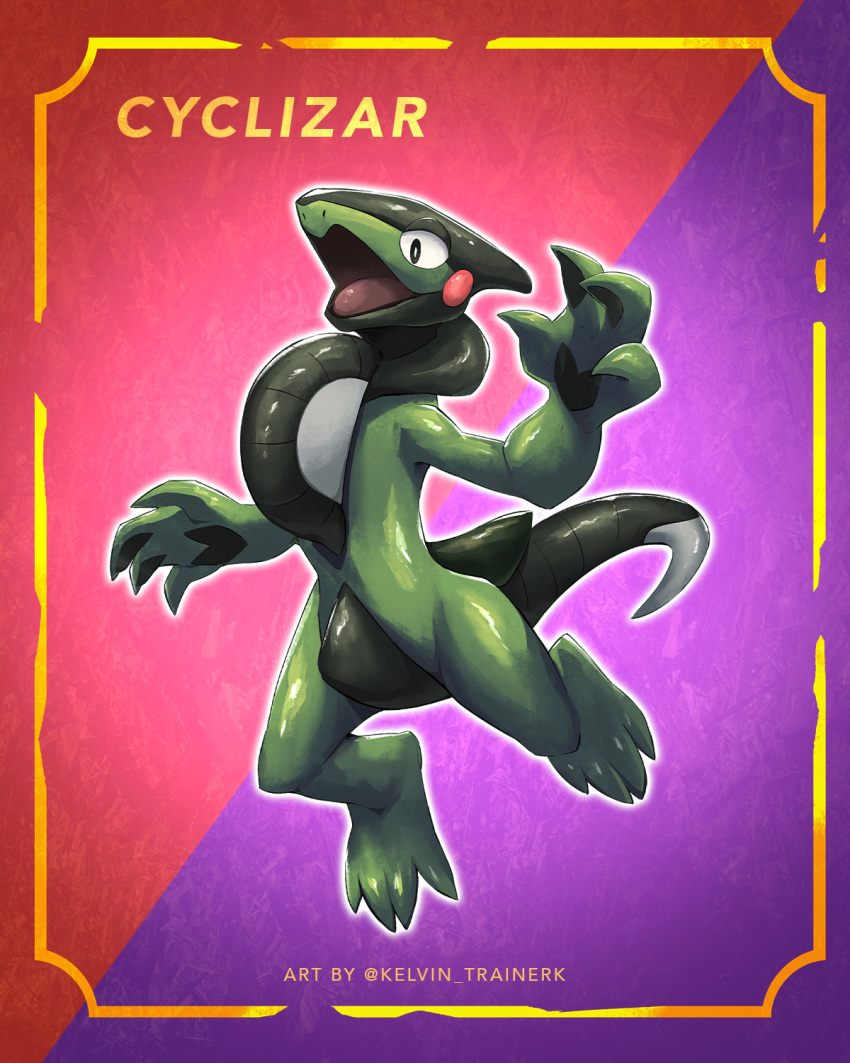 black_eyes bright_pupils character_name commentary cyclizar framed highres kelvin-trainerk no_humans open_mouth pokemon pokemon_(creature) shiny shiny_skin solo tongue twitter_username white_pupils