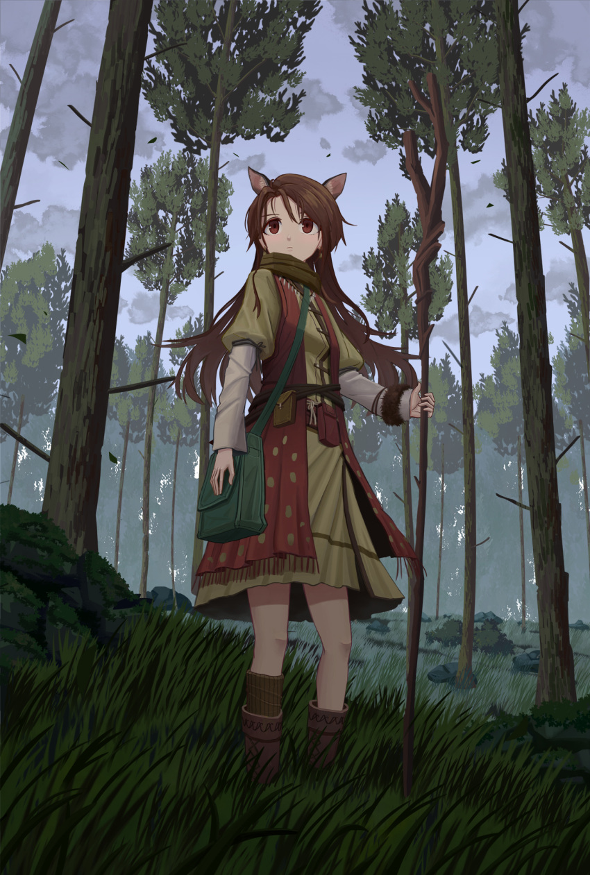 1girl animal_ears bag bangs boots brown_eyes brown_hair clouds cloudy_sky dress forest fringe_trim from_below frown fur_cuffs grass highres holding holding_staff juliet_sleeves layered_sleeves long_hair long_sleeves nature original outdoors puffy_sleeves rock satchel scarf scenery single_sock single_wrist_cuff sky socks solo soumura staff tree very_long_hair vest wrist_cuffs