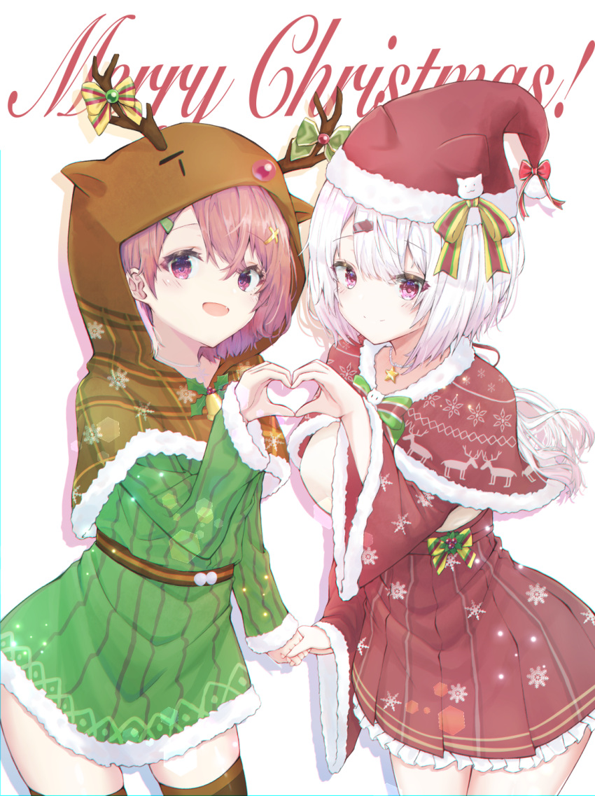 2girls :d animal_hood antler_ornament antlers bow breasts brown_capelet capelet cat_hat_ornament christmas ciawasemono cowboy_shot cross_hair_ornament dress fang green_bow green_dress hair_ornament hairclip hat hat_bow high-waist_skirt highres holding_hands hood hooded_capelet jewelry merry_christmas multiple_girls necklace nijisanji pink_eyes pink_hair pleated_skirt print_capelet print_skirt red_bow red_capelet reindeer_antlers reindeer_hood reindeer_print santa_hat sasaki_saku shiina_yuika short_dress skirt smile snowflake_print star_(symbol) star_necklace striped striped_bow striped_dress thigh-highs vertical-striped_dress vertical_stripes virtual_youtuber white_background white_hair zettai_ryouiki