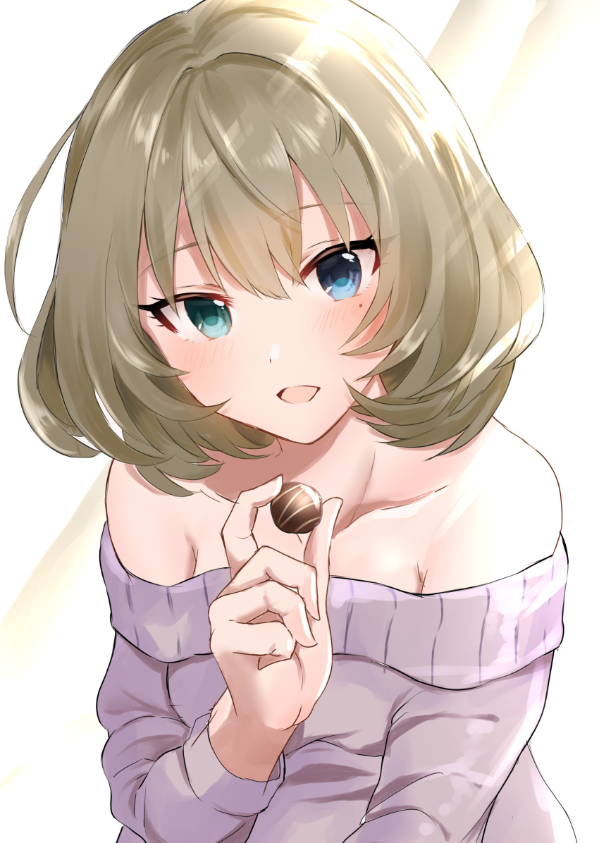 1girl absurdres bare_shoulders blue_eyes blush brown_hair chii_(sbshop) collarbone food green_eyes hair_intakes heterochromia highres holding holding_food idolmaster idolmaster_cinderella_girls long_hair long_sleeves looking_at_viewer mole mole_under_eye off-shoulder_sweater off_shoulder open_mouth purple_sweater shiny shiny_hair solo sweater takagaki_kaede upper_body white_background