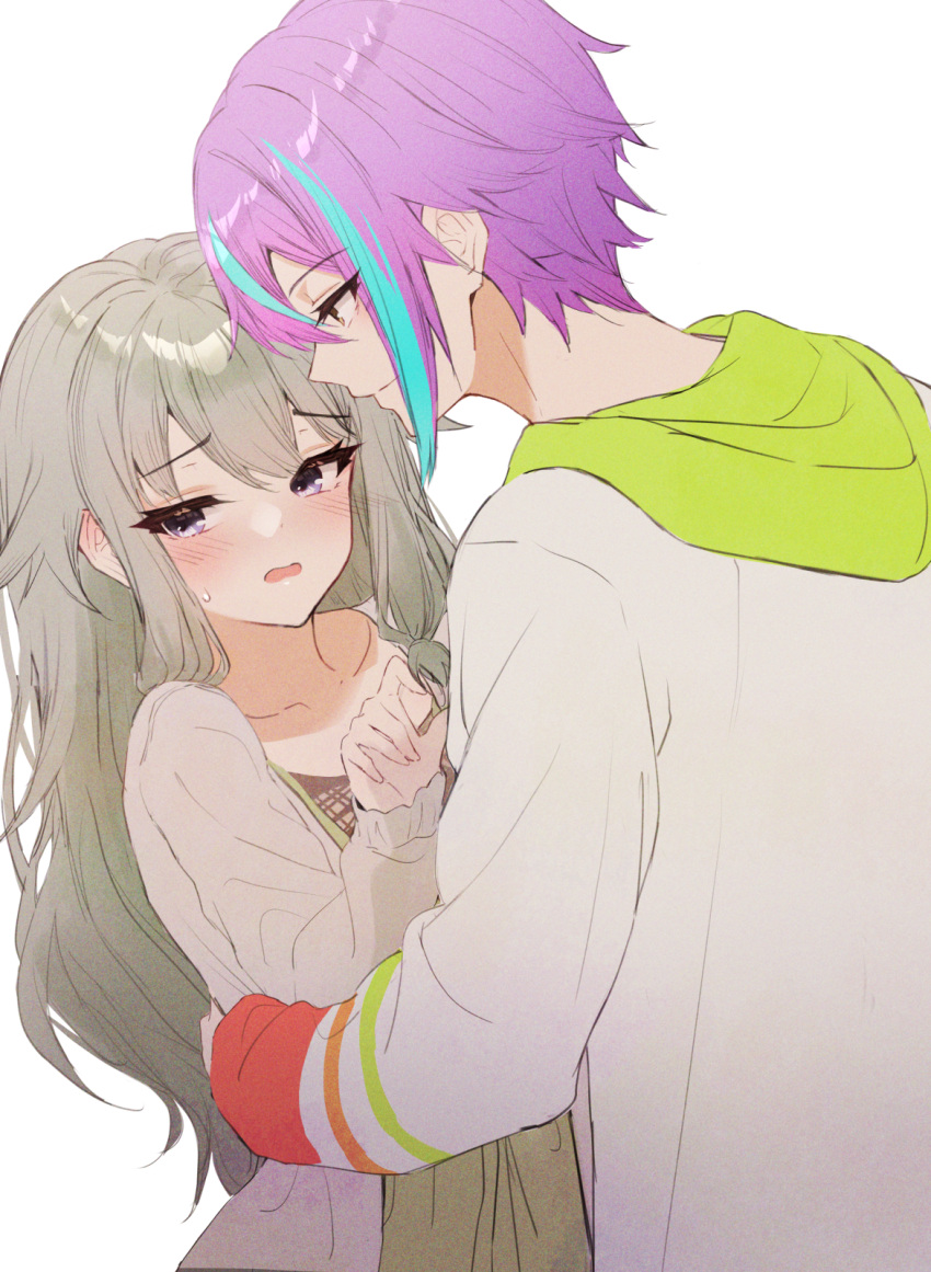 1boy 1girl aqua_hair blush brown_eyes brown_hair cardigan ciawasemono green_hood hetero highres hood hoodie hug kamishiro_rui kusanagi_nene long_hair multicolored_hair open_cardigan open_clothes open_mouth project_sekai purple_hair streaked_hair very_long_hair violet_eyes wavy_mouth