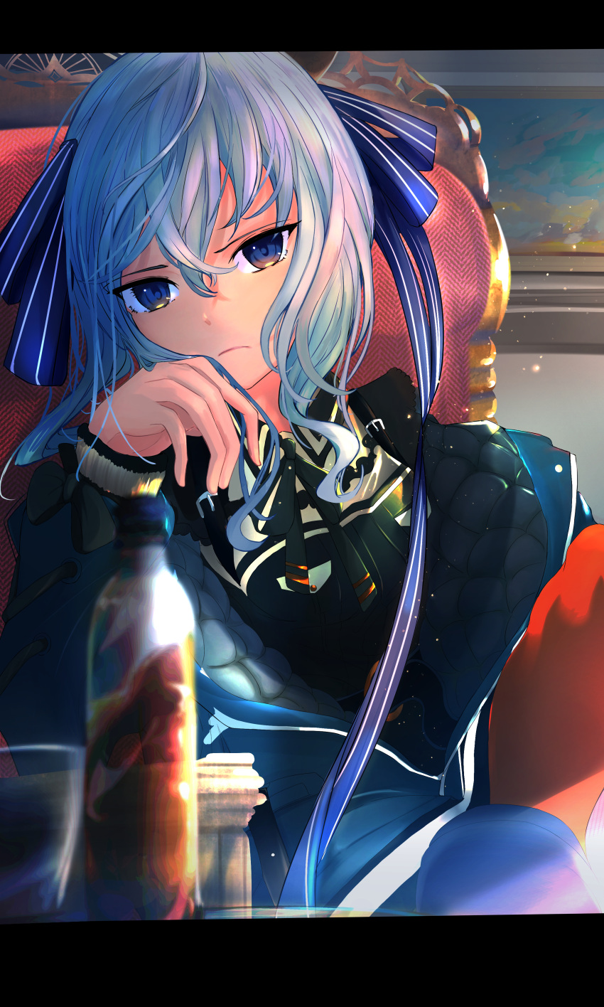 1girl 5ennoen absurdres arm_support bangs blue_bow blue_eyes blurry bottle bow chair depth_of_field drink frown hair_between_eyes hair_bow head_rest highres hololive hoshimachi_suisei indoors jacket letterboxed light_blue_hair light_particles looking_at_viewer sidelocks sitting solo tagme upper_body virtual_youtuber