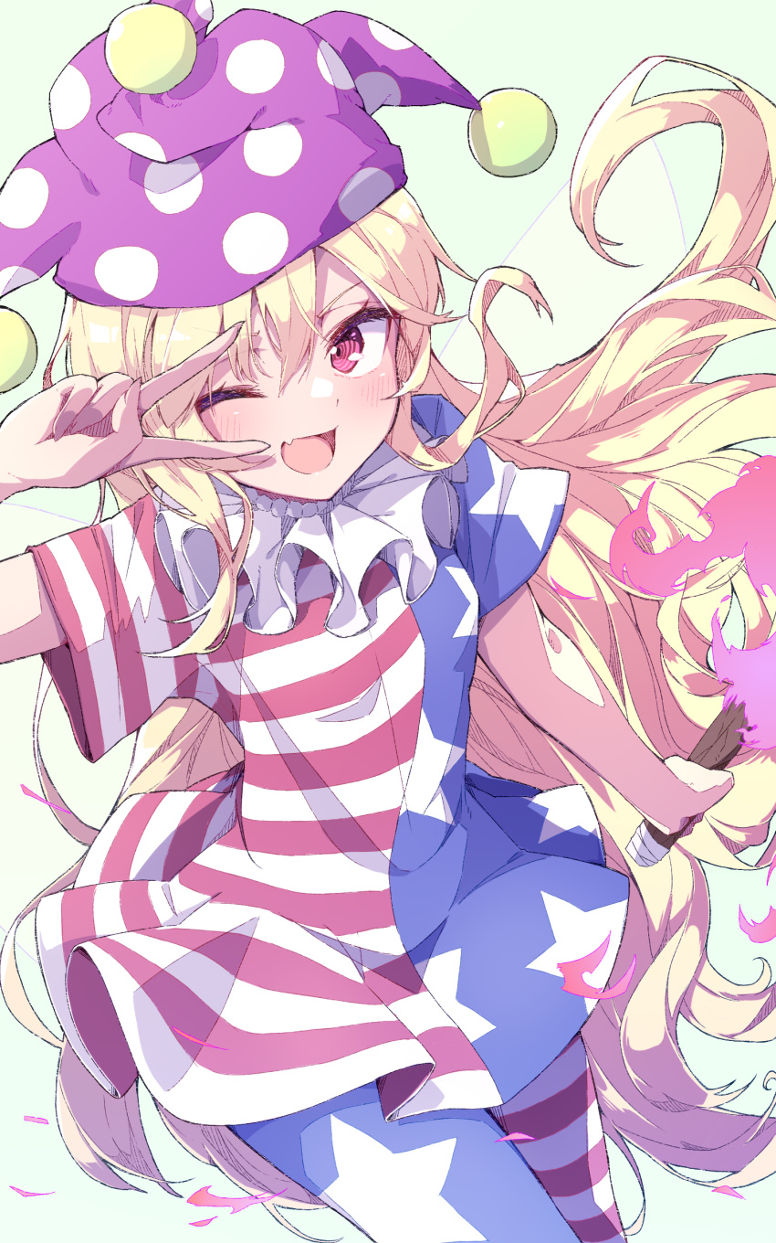 1girl ;d absurdres american_flag american_flag_dress american_flag_legwear blonde_hair breasts clownpiece cowboy_shot dress fairy_wings fang fire floating_hair from_above green_background hat highres holding holding_torch jester_cap long_hair looking_at_viewer nankotsu neck_ruff one_eye_closed pantyhose polka_dot print_legwear purple_headwear red_eyes short_sleeves simple_background skin_fang small_breasts smile solo star_(symbol) star_print striped torch touhou v v_over_eye very_long_hair wings