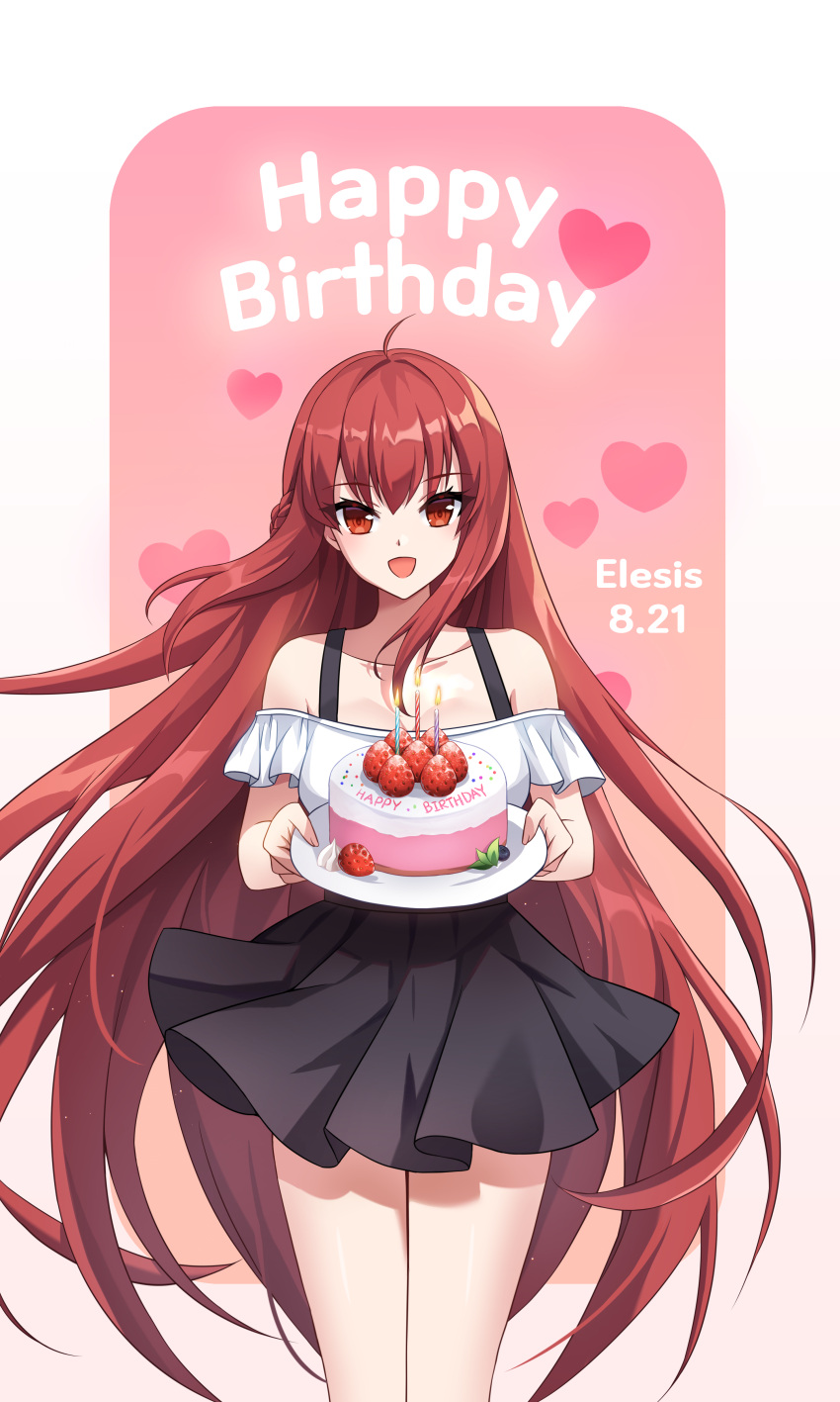 1girl absurdres ahoge alternate_costume bangs bare_shoulders birthday birthday_cake black_skirt cake casual commentary_request copyright_name dated elesis_(elsword) elsword english_text floating_hair food grand_master_(elsword) hair_between_eyes happy_birthday heart highres long_hair looking_at_viewer naze236 open_mouth red_eyes redhead skirt sleeveless smile solo tank_top very_long_hair white_tank_top