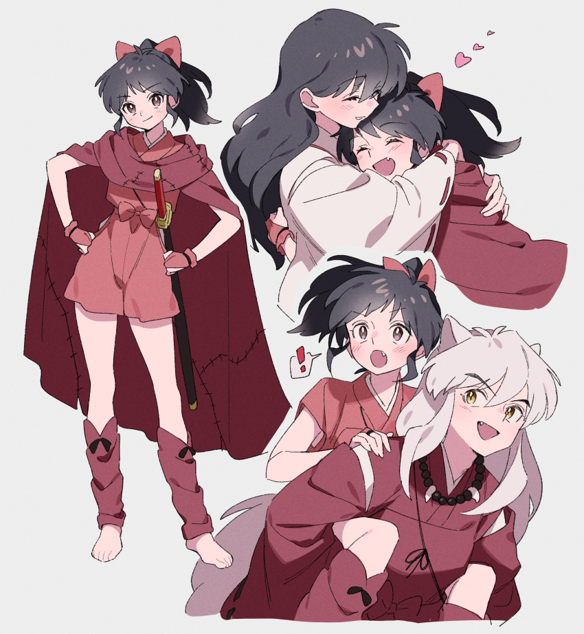 ! 1boy 2girls absurdres animal_ears bangs barefoot black_hair blush bow brown_eyes cape carrying closed_eyes dog_ears dress family fang father_and_daughter fingerless_gloves fujino_hana full_body gloves hair_bow han'you_no_yashahime hands_on_hips heart highres higurashi_kagome hug inuyasha inuyasha_(character) japanese_clothes jewelry kimono long_hair long_sleeves looking_at_viewer moroha mother_and_daughter multiple_girls multiple_views necklace open_mouth piggyback ponytail red_bow red_cape red_dress sheath smile sword very_long_hair weapon white_background white_hair wide_sleeves yellow_eyes