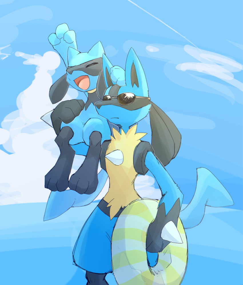 2boys animal_ears animal_feet animal_hands arm_up black_fur blue_fur blue_sky blue_theme body_fur closed_mouth clouds commentary day expressionless feet furry furry_male hand_on_another's_head happy highres holding holding_innertube horizon innertube lucario male_child male_focus multicolored_fur multiple_boys ocean open_mouth outdoors outstretched_arm pokemon pokemon_(creature) riolu sitting_on_arm sky smile snout spikes standing sukasshu_(mroooo) sunglasses tail water wolf_boy wolf_ears wolf_tail yellow_fur
