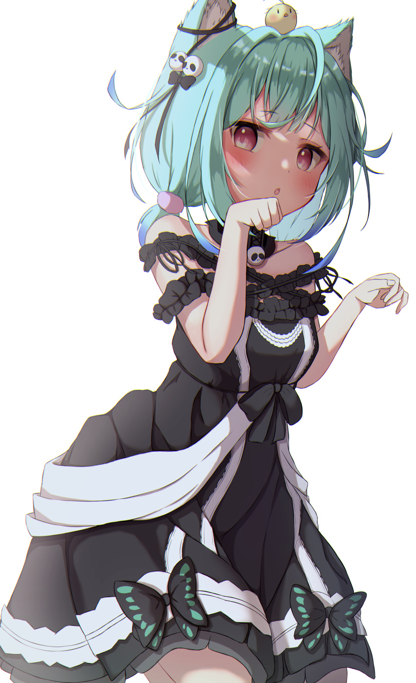 1girl absurdres animal_ear_fluff animal_ears bangs black_bow black_dress black_ribbon blue_hair blush bow cat_ears cat_girl choker colored_tips cowboy_shot dress green_hair hair_bow hair_ornament hair_ribbon highres hololive leopon_pon looking_at_viewer low_twintails multicolored_hair off-shoulder_dress off_shoulder open_mouth paw_pose piyoko_(uruha_rushia) red_eyes ribbon short_hair short_twintails simple_background skull_hair_ornament solo twintails uruha_rushia virtual_youtuber white_background