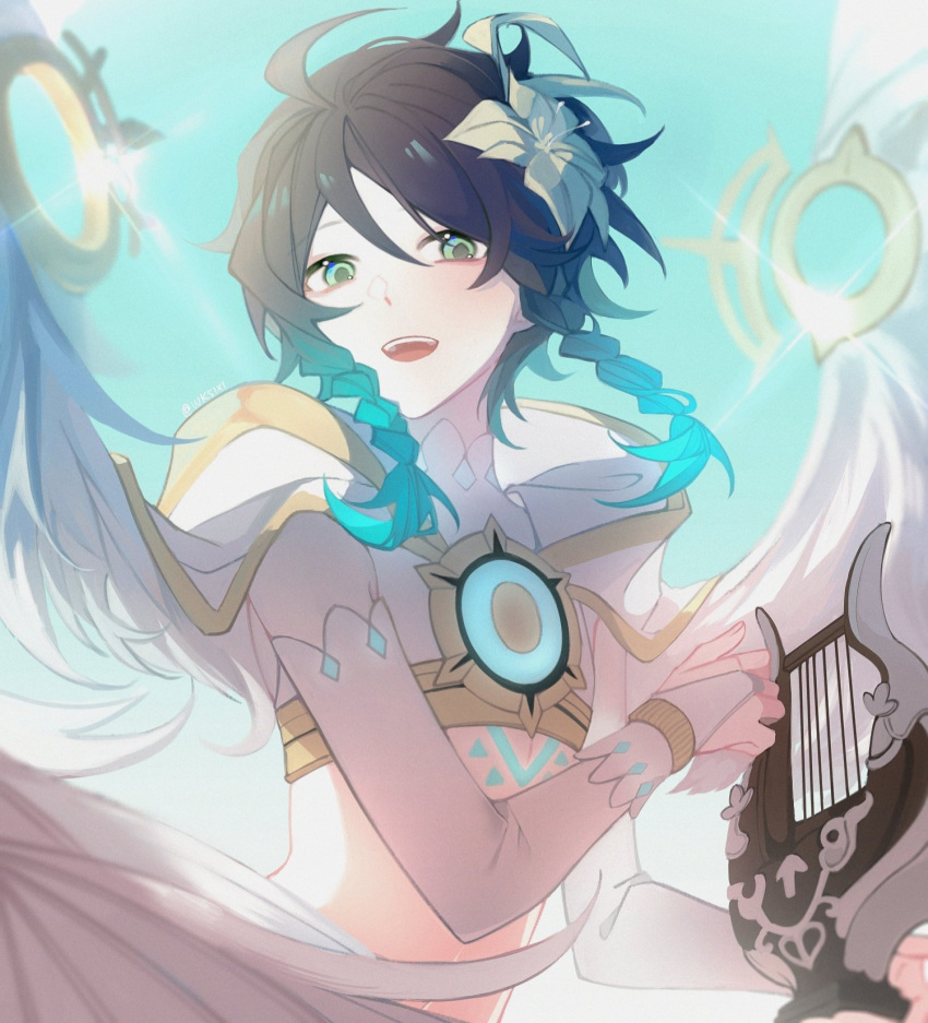 1boy bangs black_hair blue_eyes blue_hair braid bridal_gauntlets capelet chest_tattoo crop_top elbow_gloves feathered_wings flower genshin_impact gloves gold_trim gradient_hair hair_flower hair_ornament highres holding holding_instrument hood hooded_capelet instrument lyre male_focus multicolored_hair official_alternate_costume short_hair_with_long_locks side_braids solo tattoo twin_braids venti_(genshin_impact) white_flower white_gloves white_wings wings wk51x1